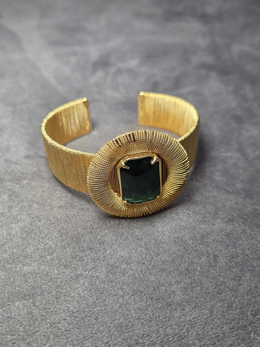 14K Yellow Gold Plated Cuff Bracelet with Deep Green Emerald Center Stone